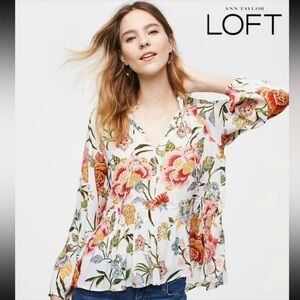 LOFT Vibrant Floral Poppy Blouse with Pink and Yellow Hues